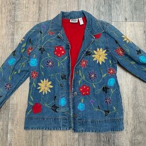 Vintage Chico's Blue Denim Jacket with Colorful Floral Embroidery